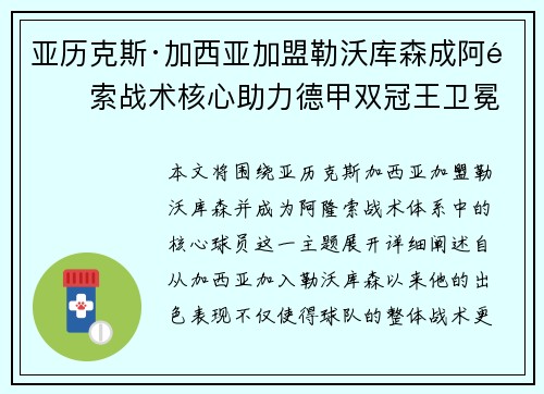 亚历克斯·加西亚加盟勒沃库森成阿隆索战术核心助力德甲双冠王卫冕 亚历克斯·加西亚加盟勒沃库森成阿隆索战术核心助力德甲双冠王卫冕