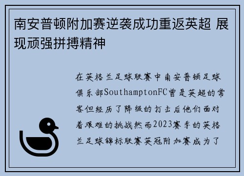 南安普顿附加赛逆袭成功重返英超 展现顽强拼搏精神 南安普顿附加赛逆袭成功重返英超 展现顽强拼搏精神